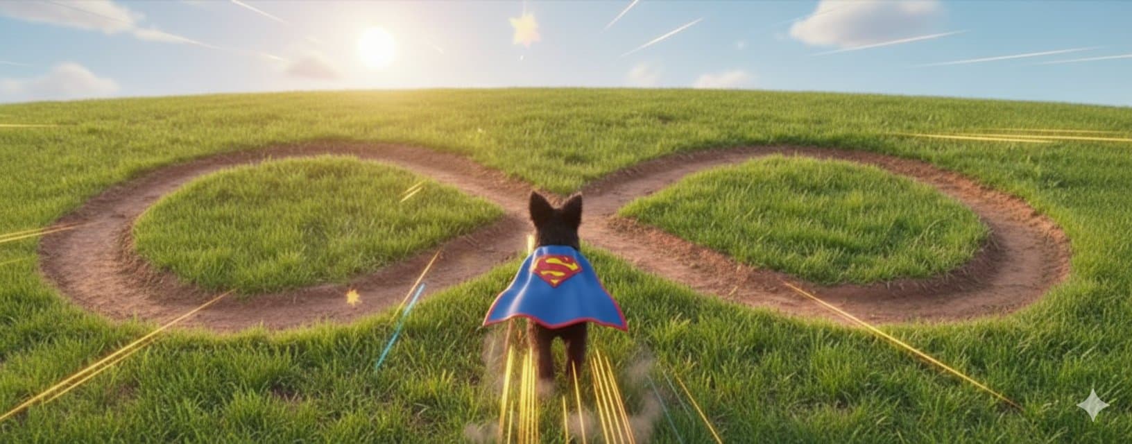 Benji as Superman running on the infinity path - faster than a speeding bullet!