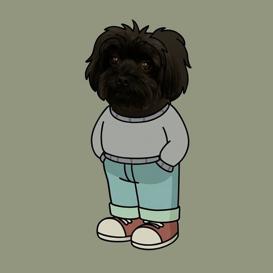 Benji - Stylized character with realistic dog head and cartoon body