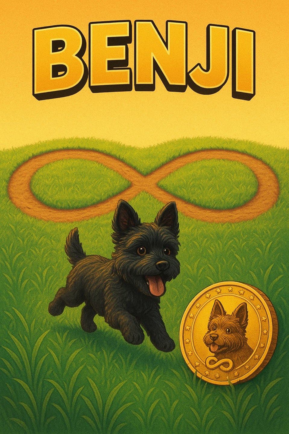 Benji cartoon illustration with infinity symbol and golden coin